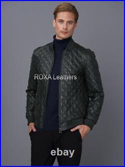 NEW Designer Men Quilted Authentic Lambskin Pure Leather Jacket Bomber Coat