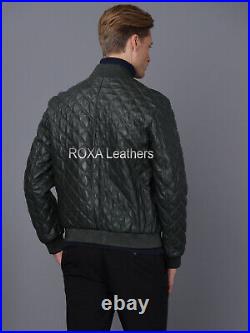NEW Designer Men Quilted Authentic Lambskin Pure Leather Jacket Bomber Coat