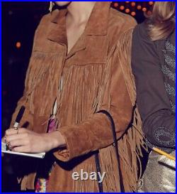 NEW-Ladies-Women Western Brown Suede Leather Wear Fringe Vintage Coat Jacket