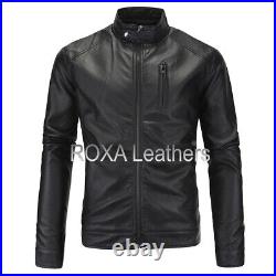 NEW Men Black Soft Genuine Lambskin Real Leather Jacket Snap Button Collar Coat