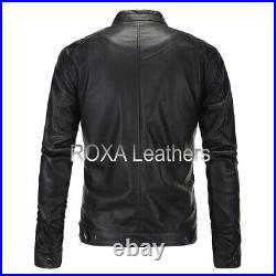 NEW Men Black Soft Genuine Lambskin Real Leather Jacket Snap Button Collar Coat