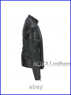 NEW Men Body Fitted Genuine Lambskin Real Leather Jacket Black Quilted Coat