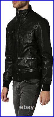 NEW Men Flap Pocket Genuine Lambskin Pure Leather Jacket Bomber Black Coat