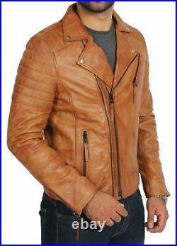 NEW Men Lambskin 100% Leather Jacket Biker Motorcycle Stylish Slim Fit Tan Coat