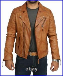 NEW Men Lambskin 100% Leather Jacket Biker Motorcycle Stylish Slim Fit Tan Coat