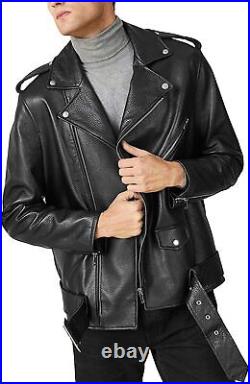 NEW Men Silver Hardware Genuine Lambskin Real Leather Jacket Belted Western Coat