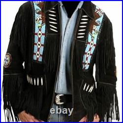 NEW-Mens Western Black Suede Leather Wear Cowboy Native American Jacket/Coat