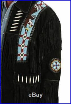 NEW-Mens Western Black Suede Leather Wear Cowboy Native American Jacket/Coat