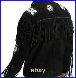 NEW-Mens Western Black Suede Leather Wear Cowboy Native American Jacket/Coat