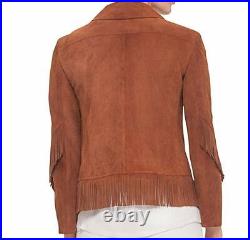 NEW-Mens Western Suede Leather Wear Cowboy Brown Fringe Native American Jacket