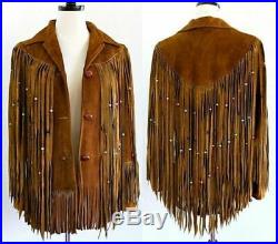 NEW-Women Fashion Coat Brown Suede Leather Ladies Western Jacket Fringes Beads
