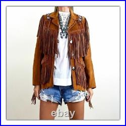 NEW-Women Western Coat Brown Suede Leather Wear Fringe Bones Beads Ladies Jacket