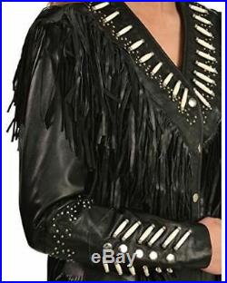 NEW-Women Western Suede Leather Wear Cow-Lady Fringe Bones & Beads Coat, Jacket