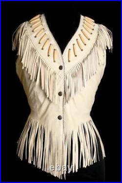 NEW-Women Western Suede Leather Wear Cow-Lady Fringe Vintage Vest Coat Jacket