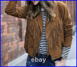 NEW-Women Western Wear Suede Leather Brown Fringe Native American Jacket, Coat