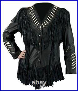 NEW-Womens Black Western Cowhide Leather Fringe Native American Coat, Jacket
