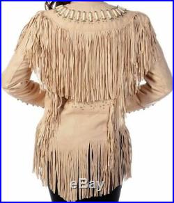 NEW-Womens Suede Leather Beige Fringe Native American Western Style Coat, Jacket