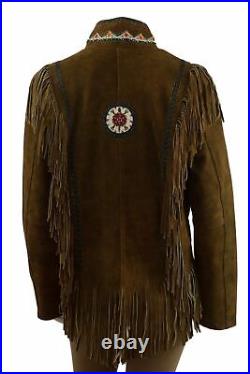 NEW-Womens Western Wear Coat Ladies Native Beads Fringes Suede Leather Jacket