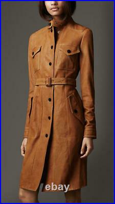 NOORA Women Genuine Leather Soft Lambskin Trench Coat Long Overcoat Jacket WA203