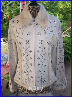 NWOTWestern Rodeo Silver Studded Rabbit Fur Leather Jacket CoatLCripple Creek