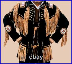 Native American Western Jacket Suede Leather Soiux Fringes & Indian Beads Coat