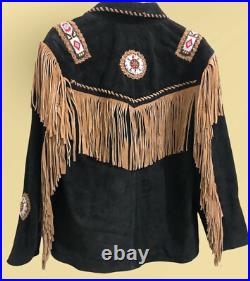 Native American Western Jacket Suede Leather Soiux Fringes & Indian Beads Coat