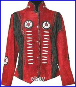 Native American Western Wear Suede Leather Indian Coat Fringes & Beaded Jacket