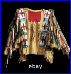 Native American Western Wear Suede Leather Jacket Fringes & Beads Work War Shirt