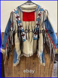 Native American Western Wear Suede Leather Jacket Fringes & Beads Work War Shirt