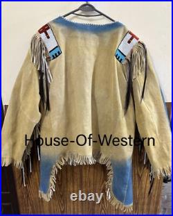 Native American Western Wear Suede Leather Jacket Fringes & Beads Work War Shirt