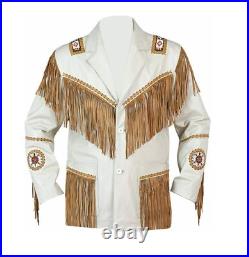 Native American Western White Leather Shirt Fringes & Beads Work Coat