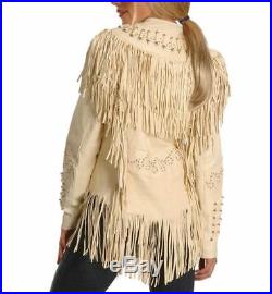 Native American Western Women's Cow Leather Jacket with Fringe and bone