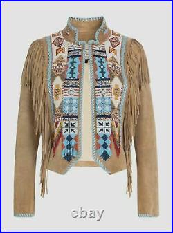 Native American Women/Men Western Wear Suede Leather Coat Fringe & Beaded Jacket