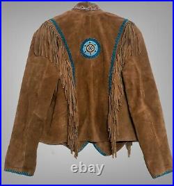Native American Women/Men Western Wear Suede Leather Coat Fringe & Beaded Jacket