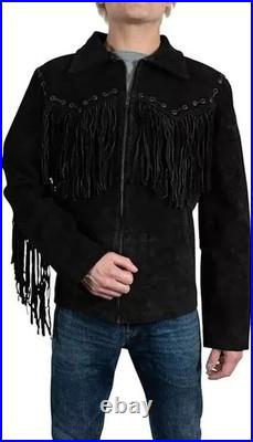 Native Americans Men's Cowboy Suede Leather Jacket Western Coat Fringes Cowboy