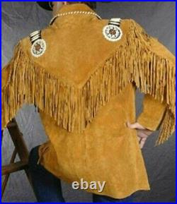Natives American Cowboy Suede Leather Western Jacket Fringes & Beaded Coat