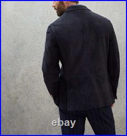 Navy Blue Leather Blazer Men Pure Suede Coat Jacket 3 Button Size S M L XL XXL