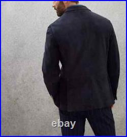 Navy Blue Leather Suede Handmade Coat Stylish Formal Men Leather Blazer