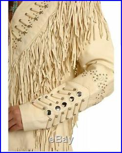 Naya Native American Western Women's Cow Leather Jacket with Fringe and bone