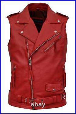 New 100% Real Leather Red Waistcoat Button Western Vest Coat Jacket Lambskin Men