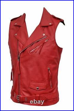 New 100% Real Leather Red Waistcoat Button Western Vest Coat Jacket Lambskin Men