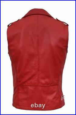 New 100% Real Vest Coat Jacket Lambskin Men Leather Red Waistcoat Button Western