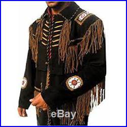 New Classic Mens Western Cowboy Suede Leather Coat With Fringe and Beads