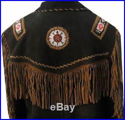 New Classic Mens Western Cowboy Suede Leather Coat With Fringe and Beads