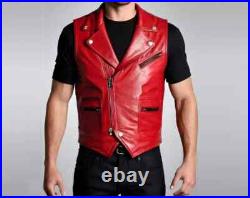 New Handmade Real Leather Red Men Waistcoat Western Vest Coat Jacket Lambskin