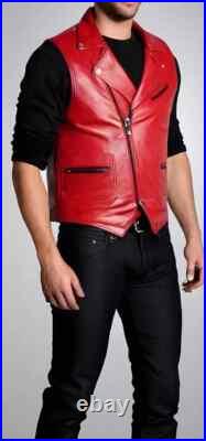 New Handmade Real Leather Red Men Waistcoat Western Vest Coat Jacket Lambskin