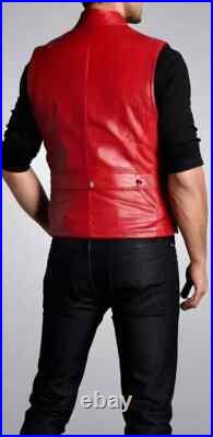 New Handmade Real Leather Red Men Waistcoat Western Vest Coat Jacket Lambskin