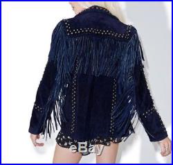 New Handmade Women's Blue Suede Leather Fringe Jacket Western in Indian Style