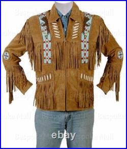 New Men Brown American Western Suede Leather Coat Jacket Fringes Eagle Beads-91