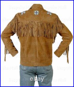 New Men Brown American Western Suede Leather Coat Jacket Fringes Eagle Beads-91